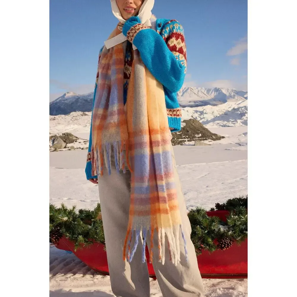 Urban Outfitters Cozy Oversized Multicolor Blue Orange Plaid Woven Fringe Scarf
